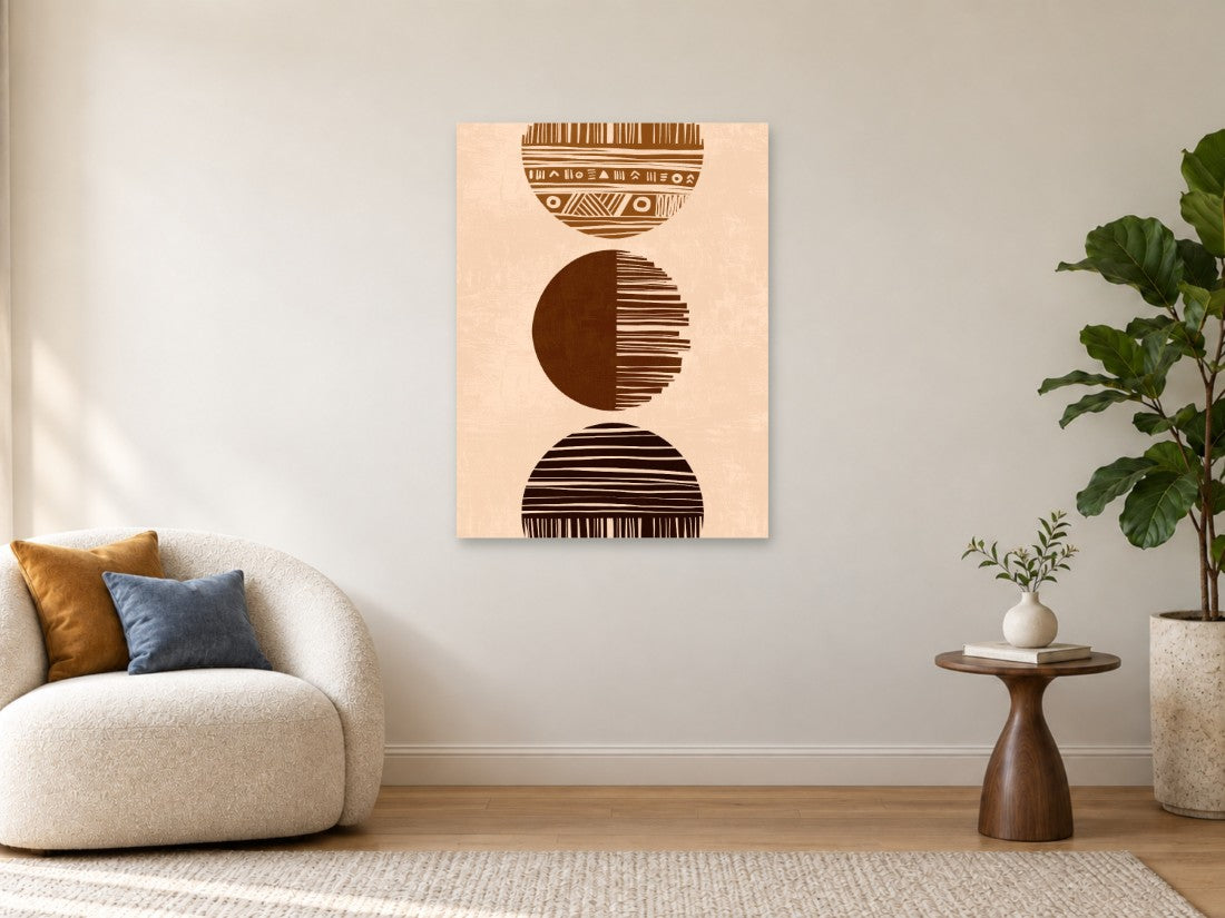 Ornamentirani geometrijski totem u smeđim i bež bojama — Velika 75 × 100 cm, prikaz slike na zidu u enterijeru.