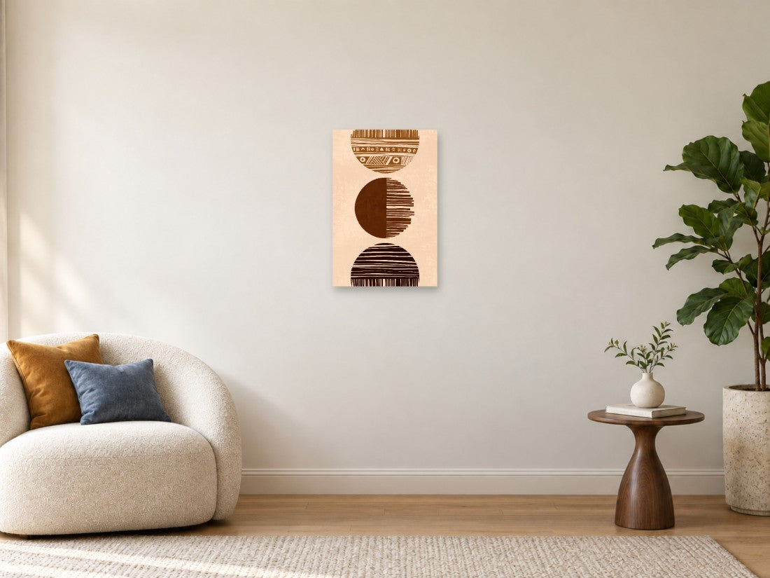 Ornamentirani geometrijski totem u smeđim i bež bojama — Mala 40 × 60 cm, prikaz slike na zidu u enterijeru.