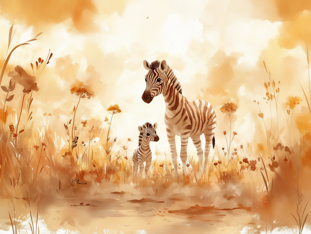 Zebra i mladunče u zlatnoj savani