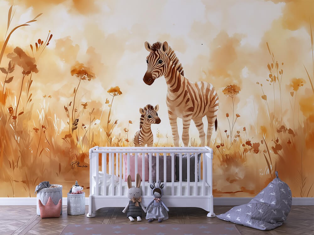 Zebra i mladunče u zlatnoj savani