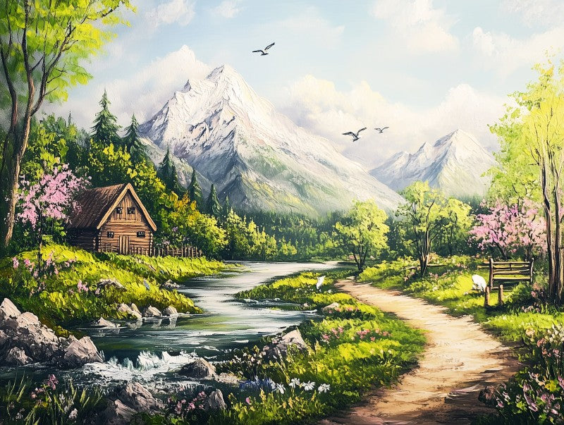 Mountain Cottage River Landscape