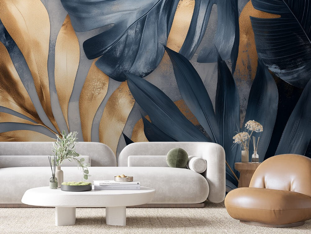 Navy Gold Leaves Pattern